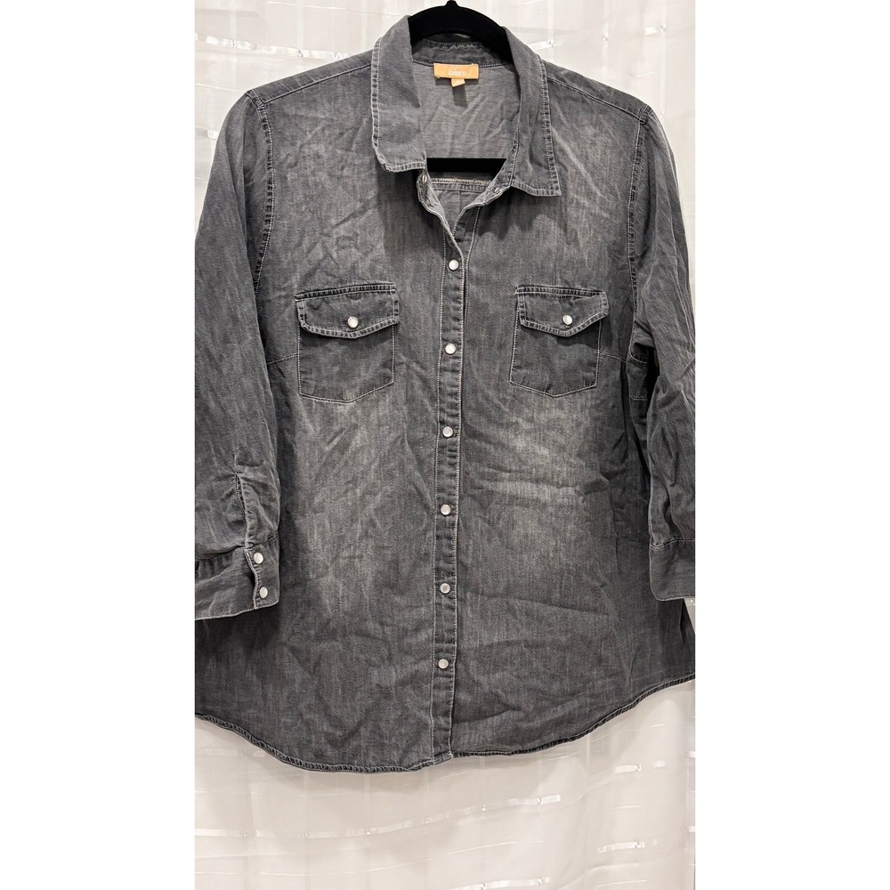 Takara Denim Button Down Shirt XL Faded Black Roll Tab Sleeve Snap Front Cotton
